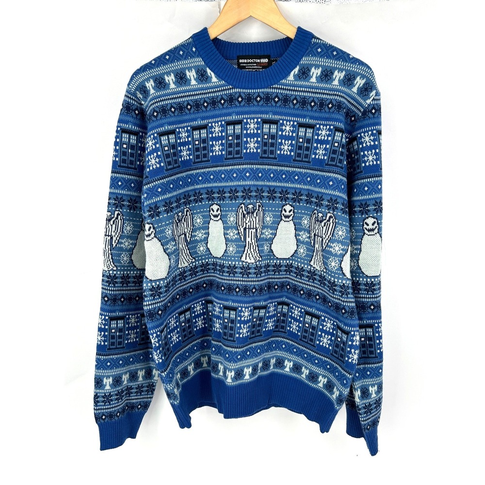 Lovarzi Doctor Who Sweater Mens XL Blue TARDIS Weeping Angel Fair Isle Holiday